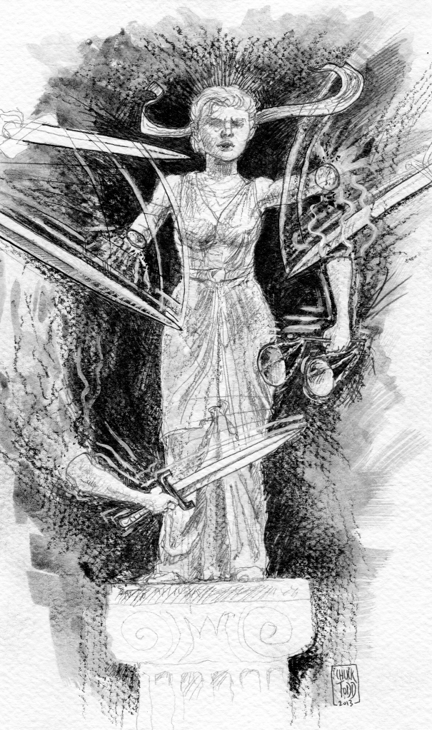 Chuck Todd Illustration of Lady Justice being attacked and cutdown, rendered powerless. Created for VERDICT